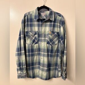 Carhartt Men's Blue and Green Plaid Pearl  Snap Down Shirt